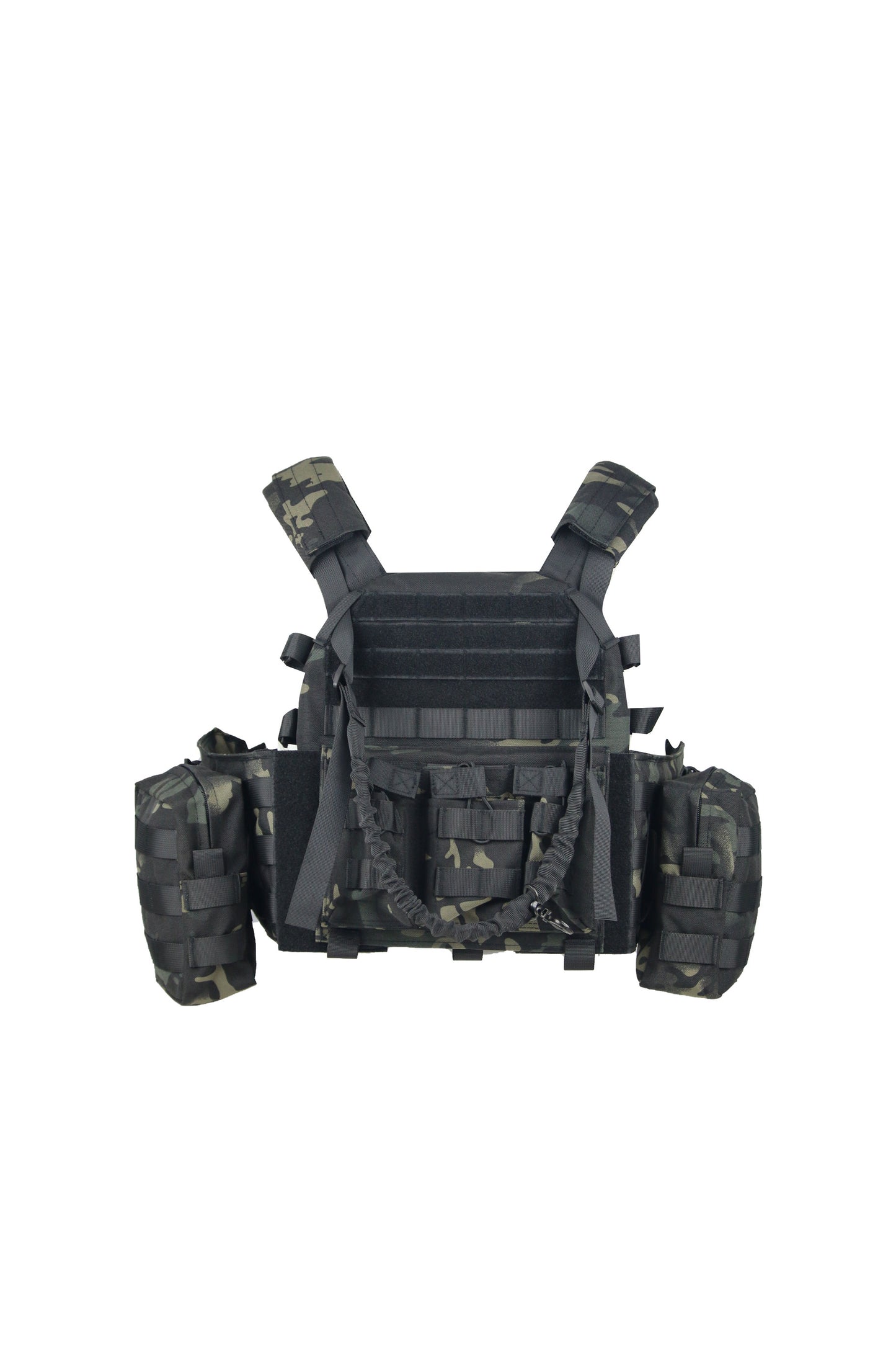 A black and camouflage plate carrier vest.