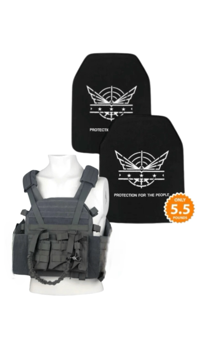 A grey tactical plate carrier and two black ballistic plates.