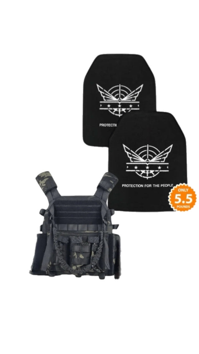 Black tactical vest with two ballistic plates.
