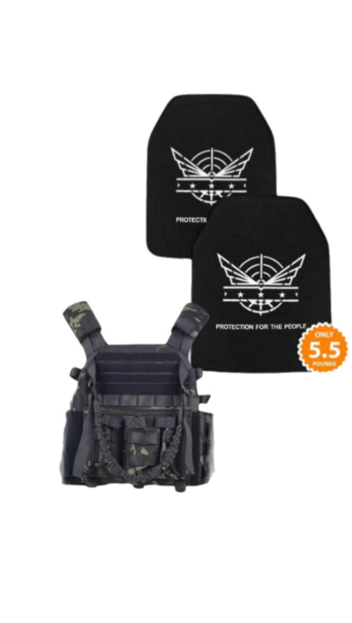 A black plate carrier vest with two ballistic armor plates.