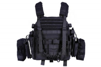 A black tactical plate carrier with multiple pouches and straps.