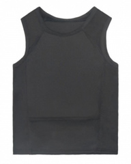 Black sleeveless bulletproof undershirt, also known as body armor.