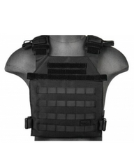 A black tactical vest with MOLLE webbing on a mannequin.