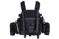 Black tactical military vest with multiple pouches and straps.
