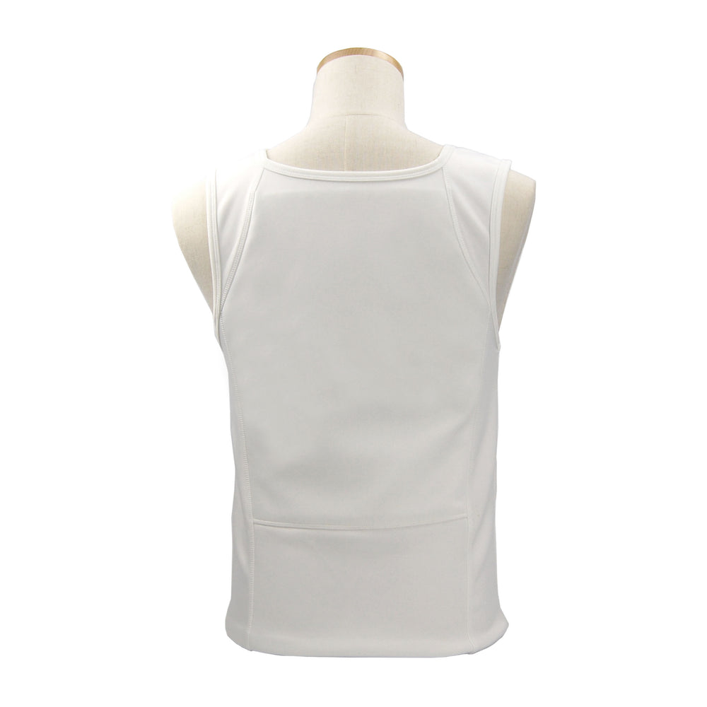 A white, sleeveless t-shirt or vest on a mannequin.
