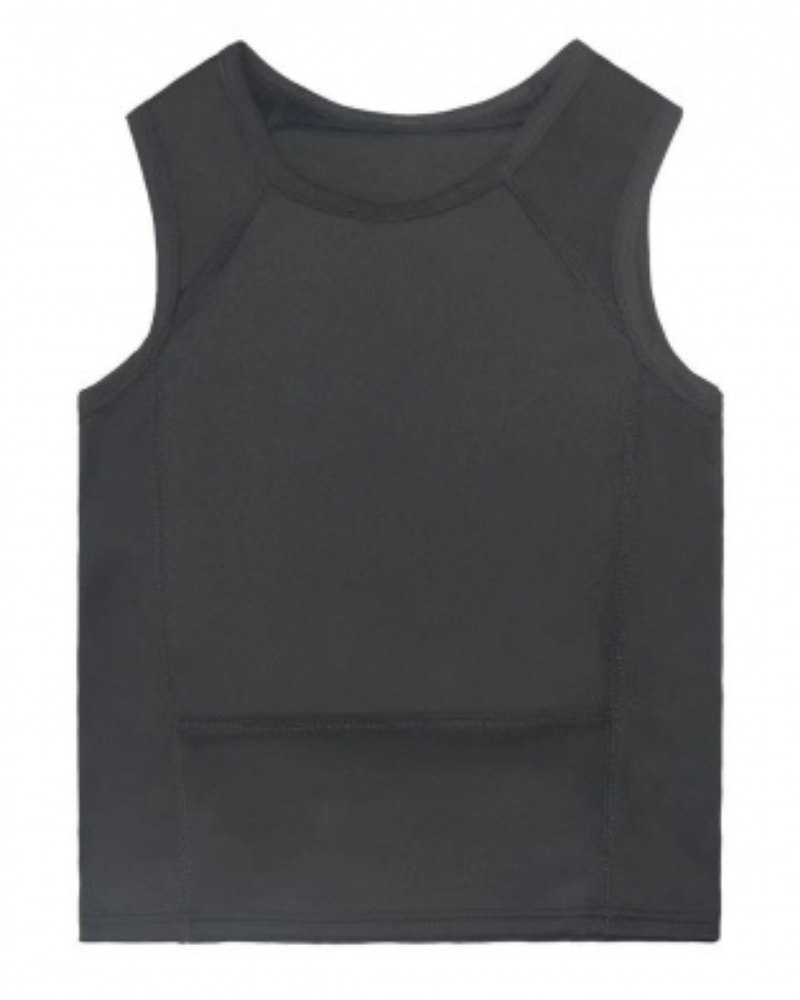 Black sleeveless bulletproof undershirt, also known as body armor.
