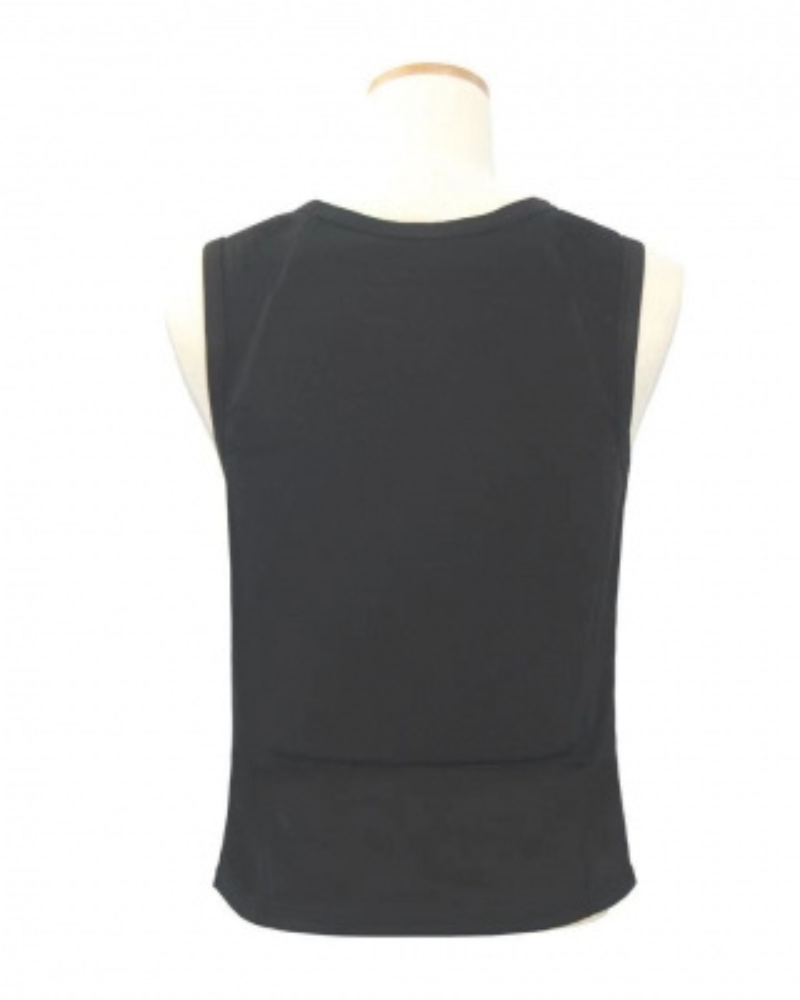 A black, sleeveless, concealable bulletproof vest on a mannequin.