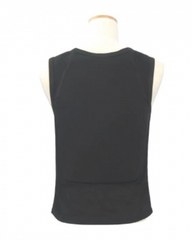 A black, sleeveless, concealable bulletproof vest on a mannequin.