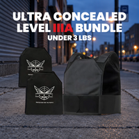 Level IIIA concealed vest with two front and back panels, on a street at dusk, under 3 lbs total