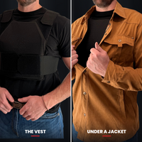 The same vest worn over a black tee, then hidden under an open tan jacket