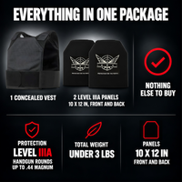 What is in the box: one concealed vest and two Level IIIA panels, 10 by 12 inch, front and back