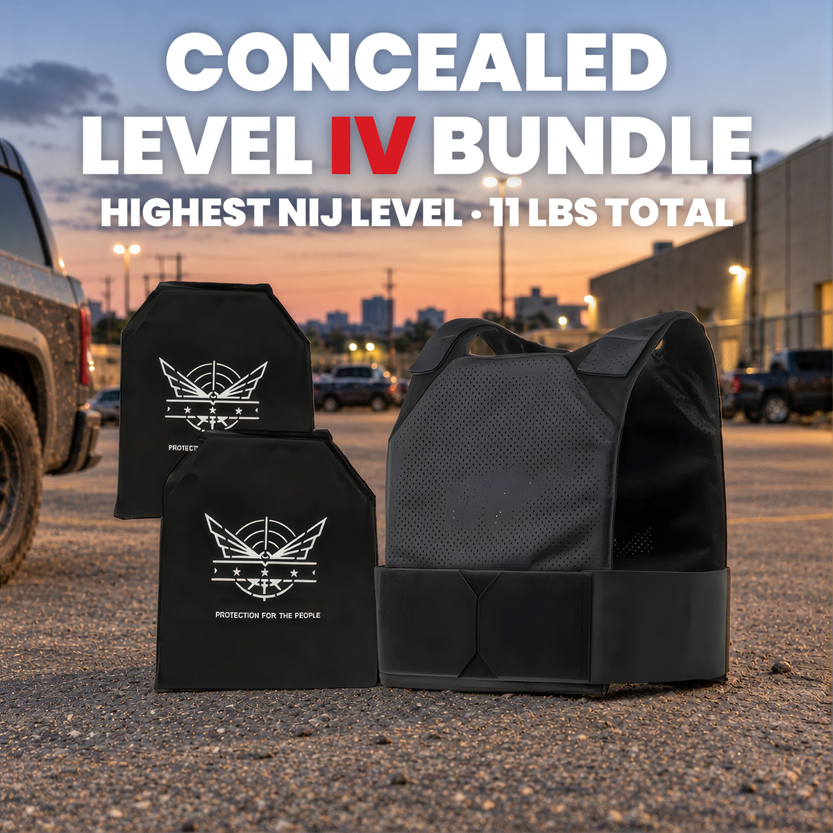 Level IV bundle in a parking lot at dusk: two plates and the concealed vest, 11 lbs total