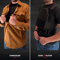 Split view: the vest hidden under a tan jacket, and the same vest with Level IV plates over a tee