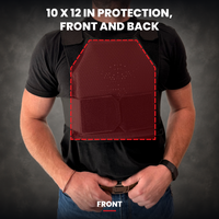 Red outline on a worn vest showing the 10 by 12 inch front plate coverage