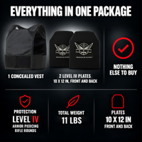 What is in the box: one concealed vest and two Level IV plates, 10 by 12 inch, front and back