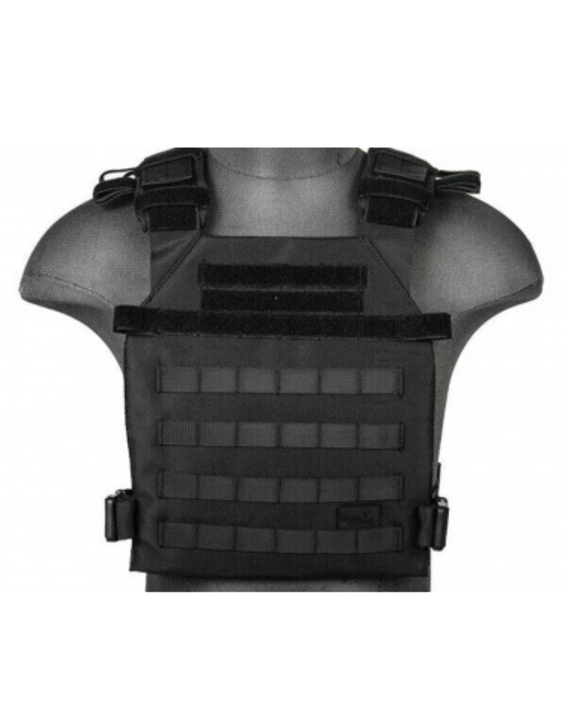 A black tactical vest with MOLLE webbing on a mannequin.
